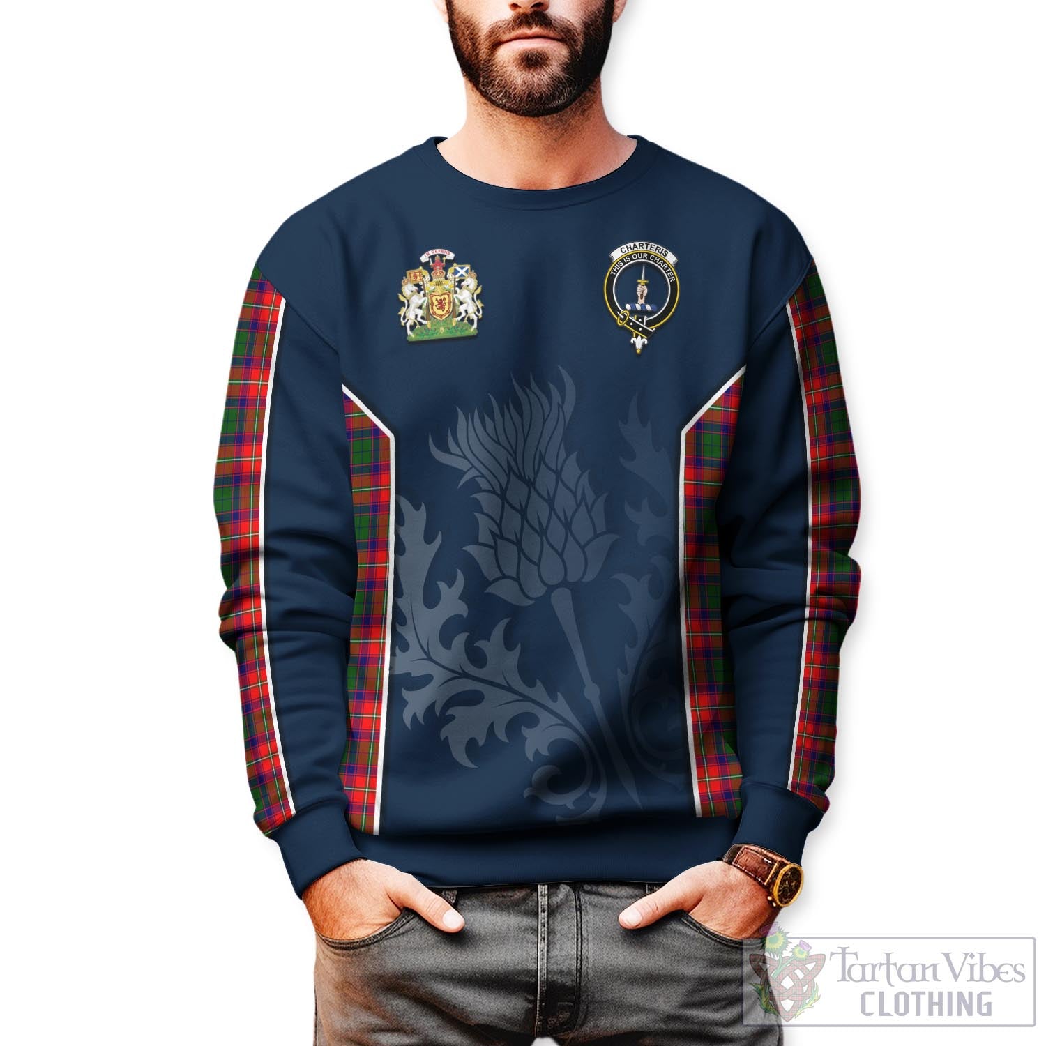 Tartan Vibes Clothing Charteris Tartan Sweatshirt with Family Crest and Scottish Thistle Vibes Sport Style