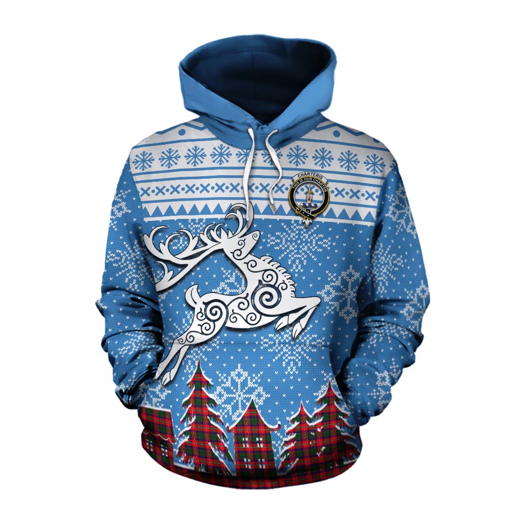 Tartan Vibes Clothing Charteris Clan Christmas Cotton Hoodie Celtic Reindeer Style