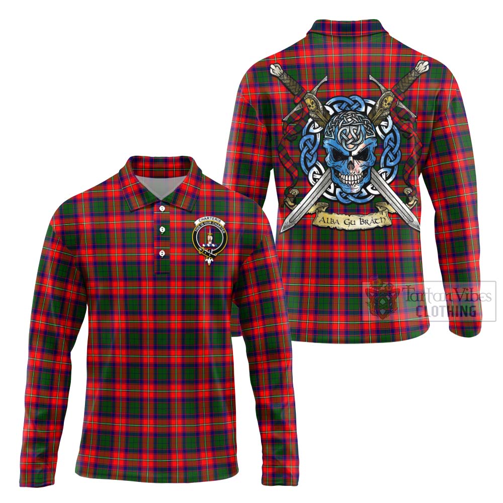 Tartan Vibes Clothing Charteris Tartan Long Sleeve Polo Shirt with Family Crest Celtic Skull Style