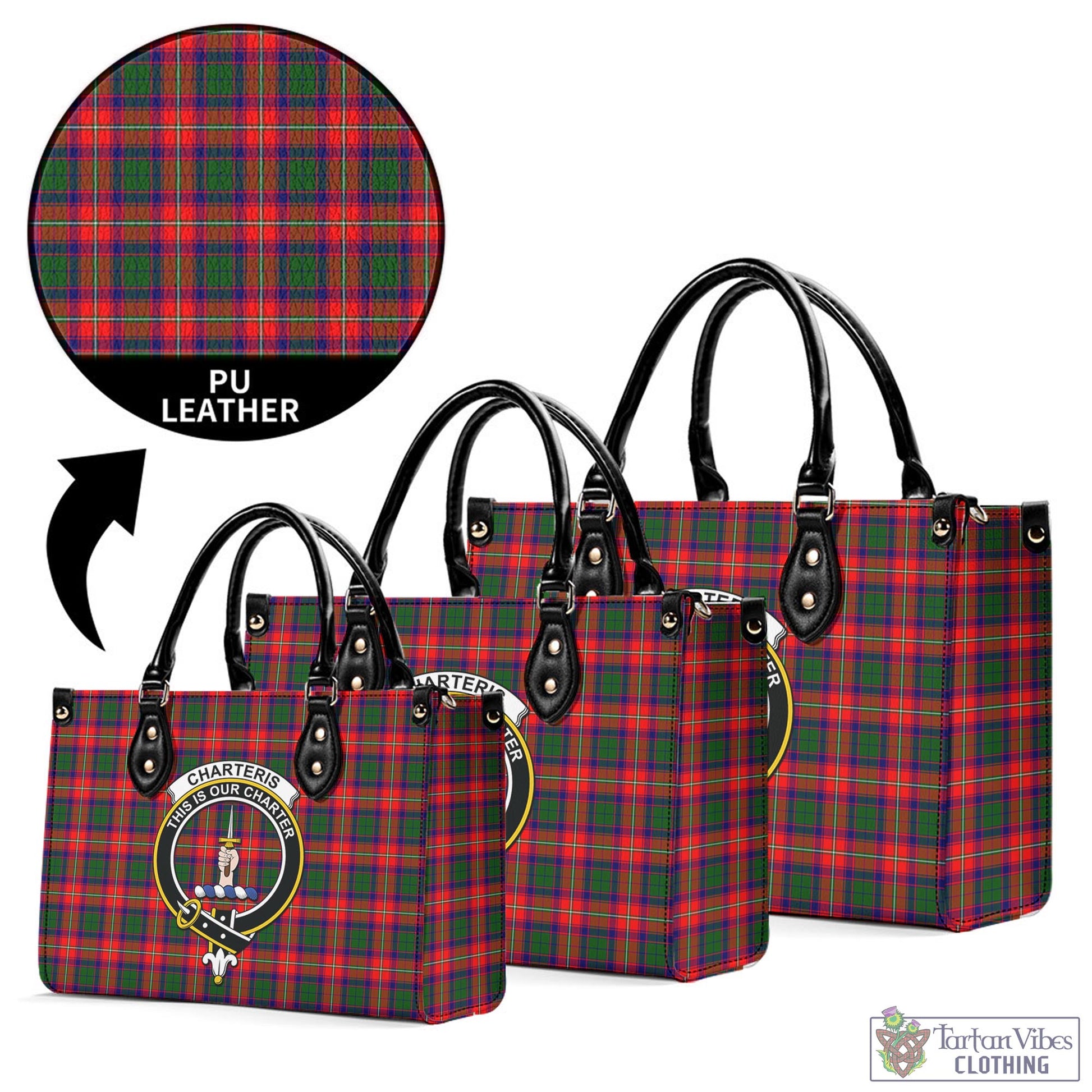 Tartan Vibes Clothing Charteris Tartan Luxury Leather Handbags with Family Crest