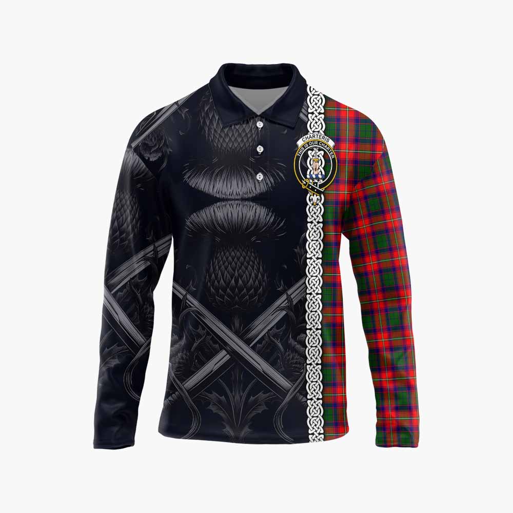 Tartan Vibes Clothing Charteris Tartan Long Sleeve Polo Shirt with Family Crest Cross Sword Thistle Celtic Vibes