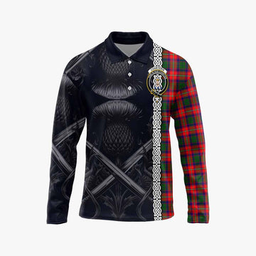 Charteris Tartan Long Sleeve Polo Shirt with Family Crest Cross Sword Thistle Celtic Vibes