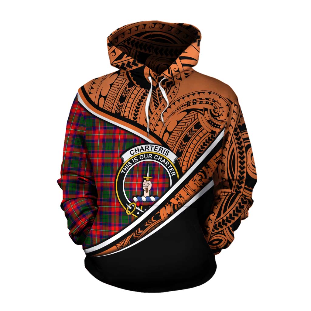 Tartan Vibes Clothing Charteris Crest Tartan Cotton Hoodie with Maori Tattoo Style - Orange Version