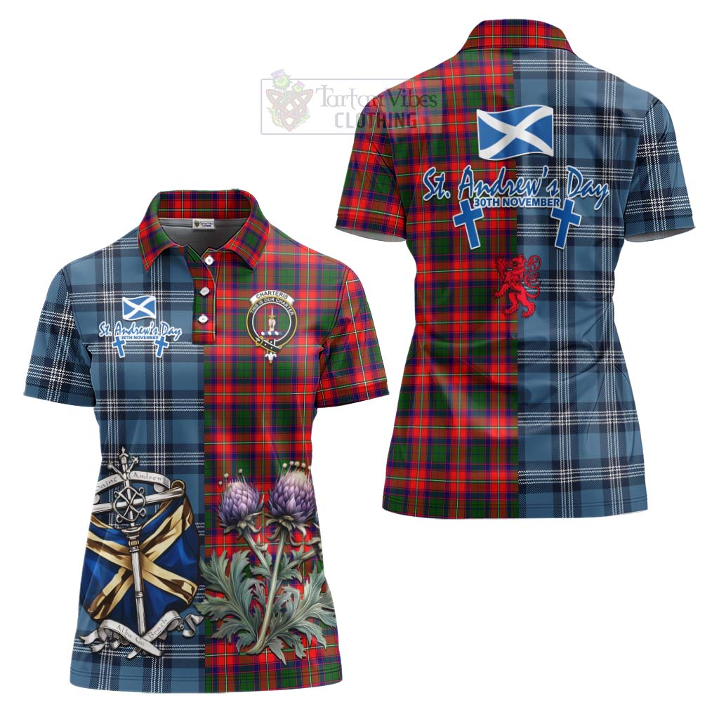 Tartan Vibes Clothing Charteris Tartan Women's Polo Shirt Happy St. Andrew's Day Half Tartan Style