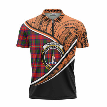 Charteris Crest Tartan Zipper Polo Shirt with Polynesian Vibes Style - Orange Version