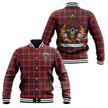 Charteris Tartan Baseball Jacket with Family Crest and Bearded Skull Holding Bottles of Whiskey