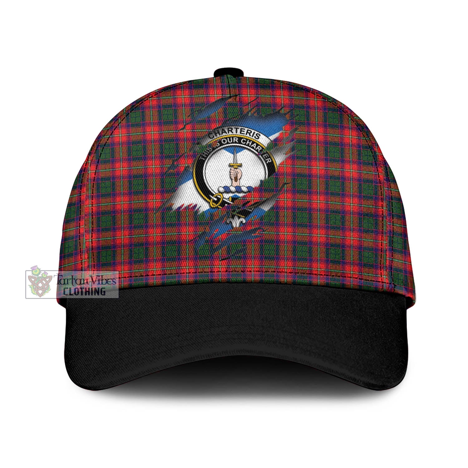 Tartan Vibes Clothing Charteris Tartan Classic Cap with Family Crest In Me Style