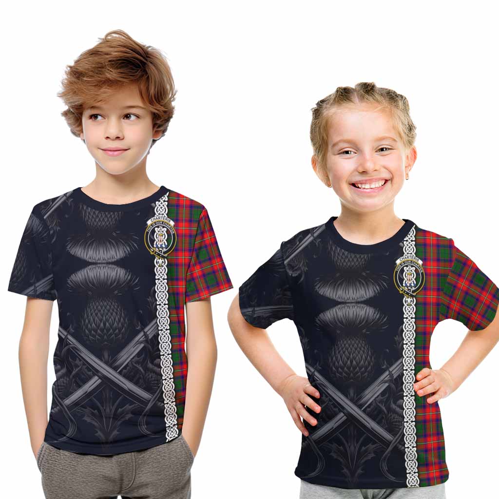 Tartan Vibes Clothing Charteris Tartan Kid T-Shirt with Family Crest Cross Sword Thistle Celtic Vibes