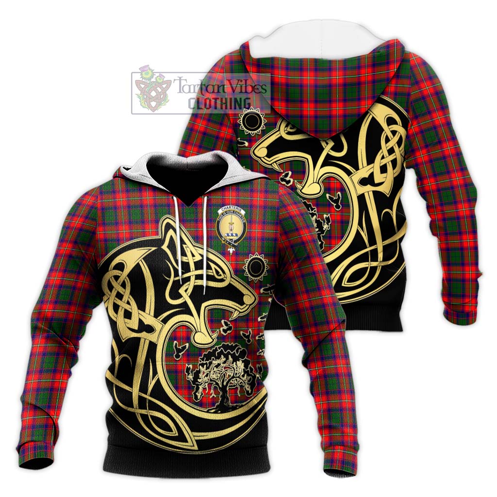 Tartan Vibes Clothing Charteris Tartan Knitted Hoodie with Family Crest Celtic Wolf Style