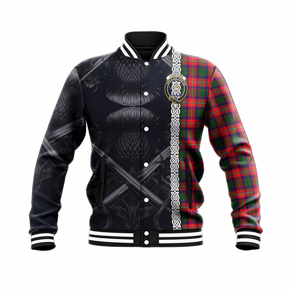 Tartan Vibes Clothing Charteris Tartan Baseball Jacket with Family Crest Cross Sword Thistle Celtic Vibes