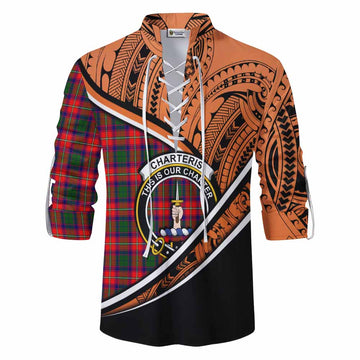 Charteris Crest Tartan Ghillie Kilt Shirt with Polynesian Vibes Style - Orange Version