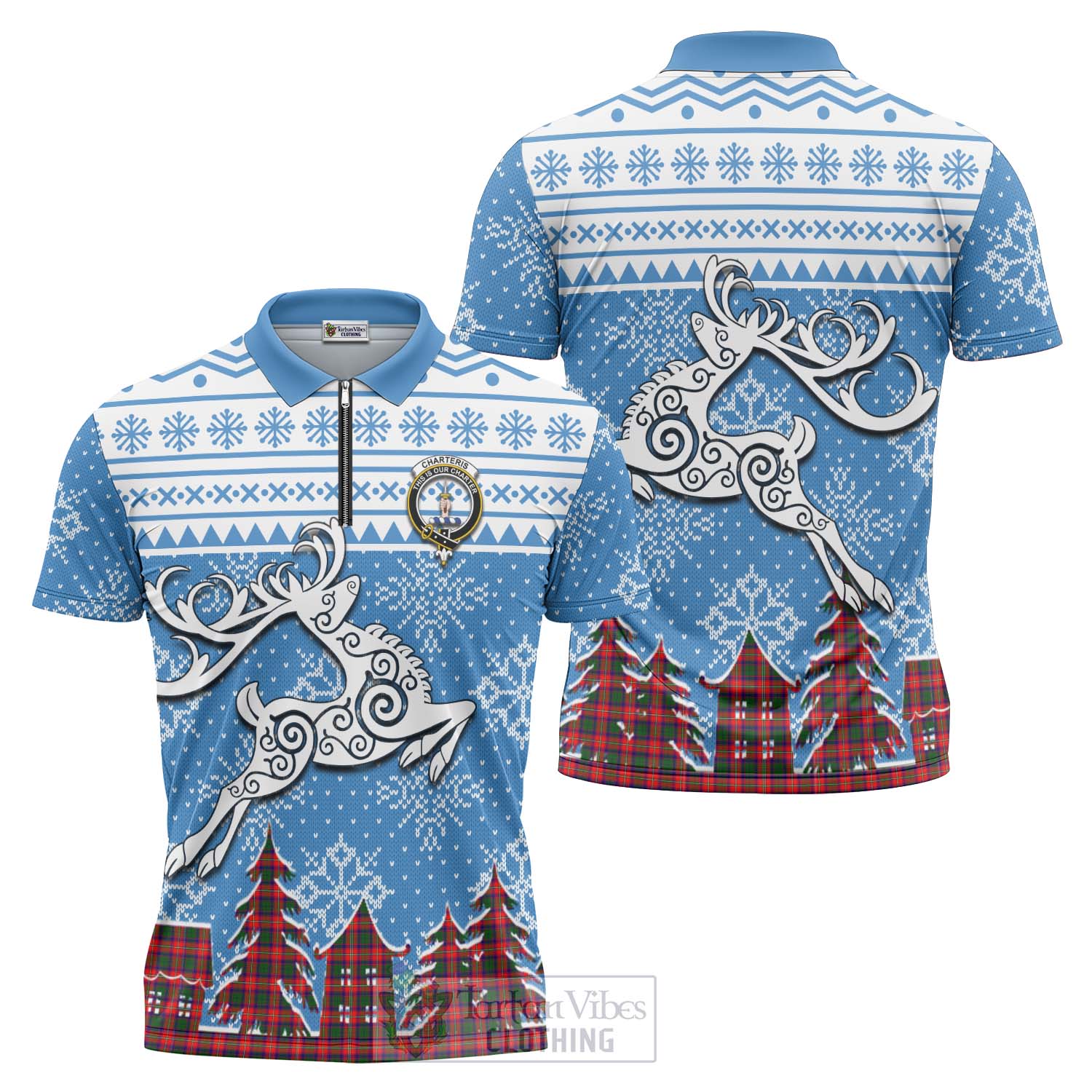 Tartan Vibes Clothing Charteris Clan Christmas Zipper Polo Shirt Celtic Reindeer Style