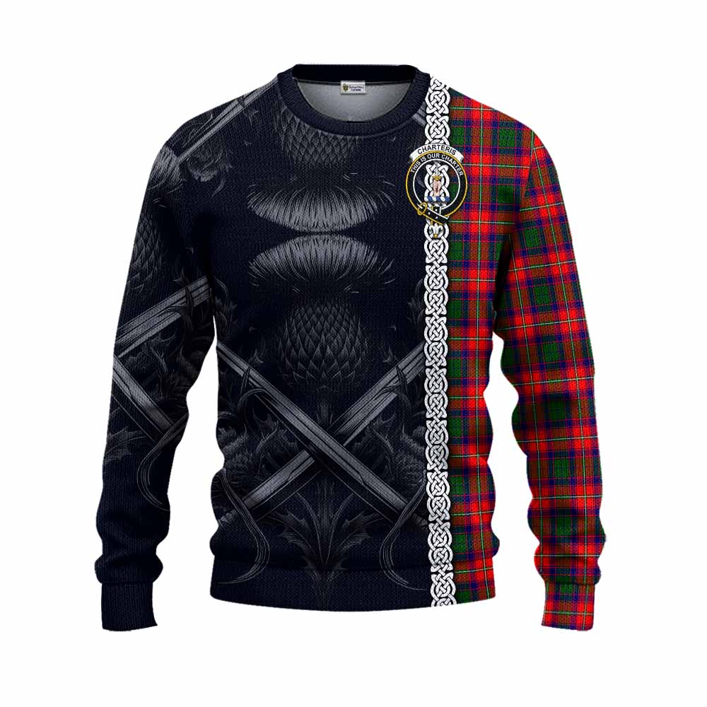 Tartan Vibes Clothing Charteris Tartan Knitted Sweater with Family Crest Cross Sword Thistle Celtic Vibes