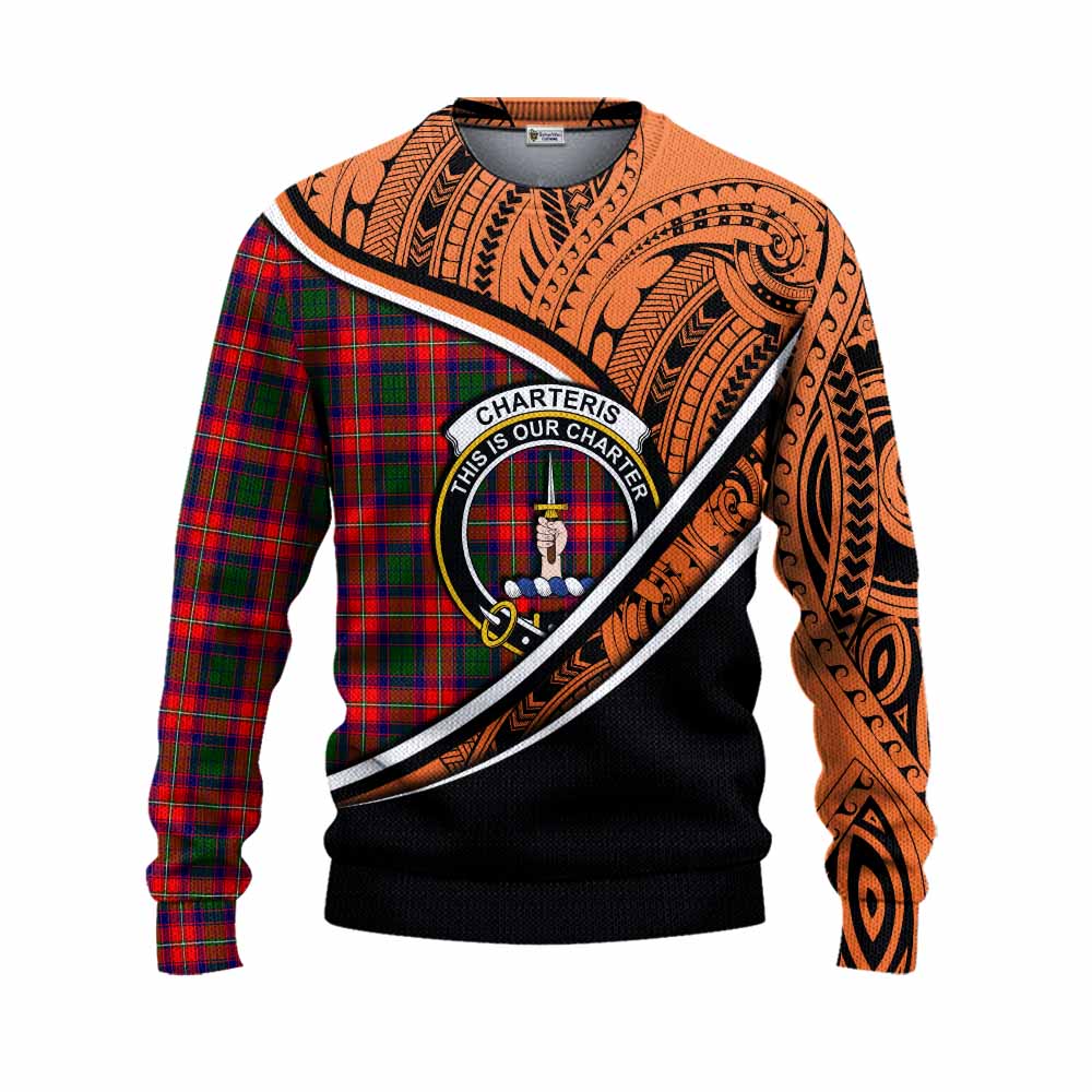 Tartan Vibes Clothing Charteris Crest Tartan Knitted Sweater with Maori Tattoo Style - Orange Version