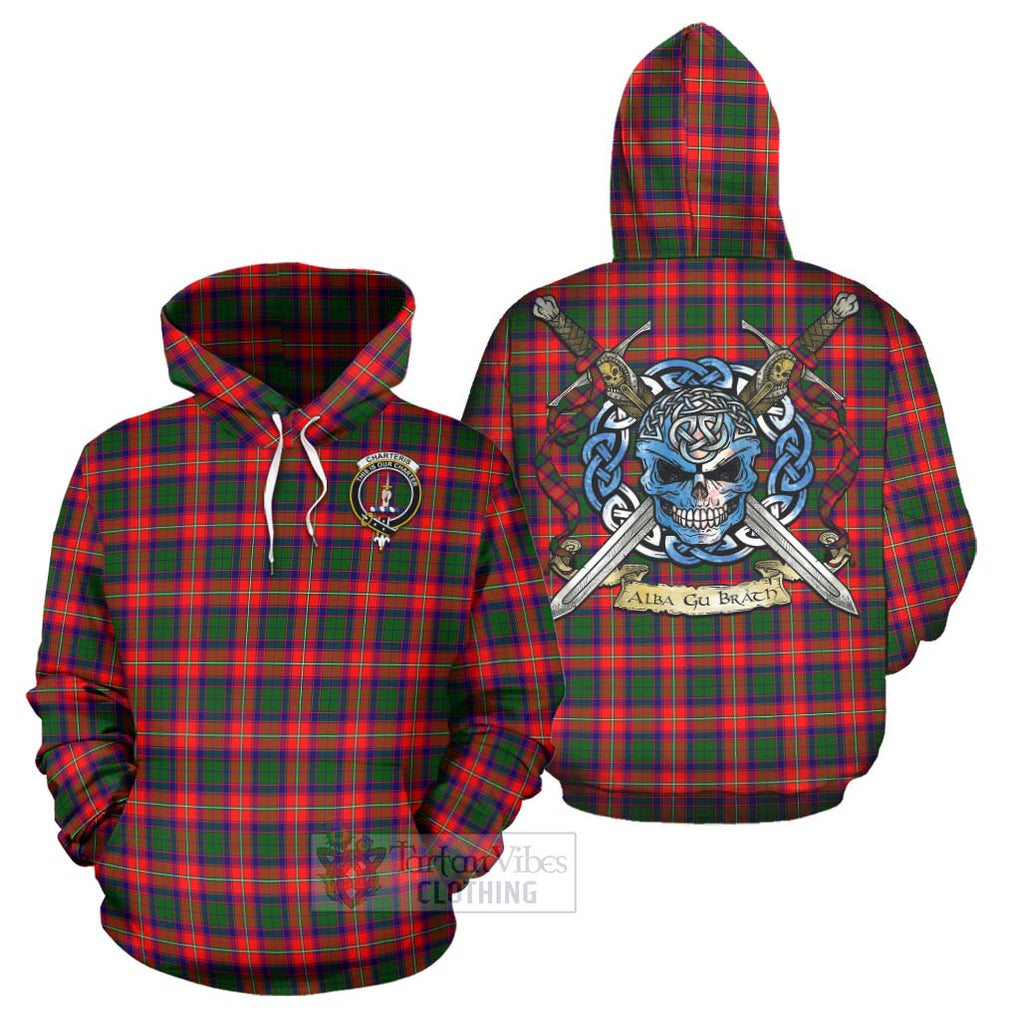 Tartan Vibes Clothing Charteris Tartan Hoodie with Family Crest Celtic Skull Style