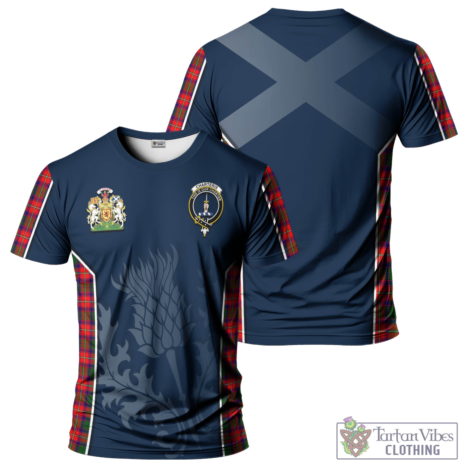 Tartan Vibes Clothing Charteris Tartan T-Shirt with Family Crest and Scottish Thistle Vibes Sport Style