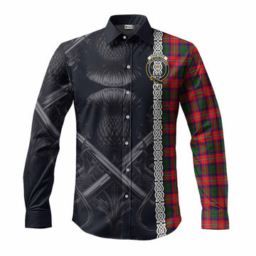 Charteris Tartan Long Sleeve Button Shirt with Family Crest Cross Sword Thistle Celtic Vibes