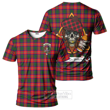 Charteris Tartan T-Shirt with Family Crest and Bearded Skull Holding Bottles of Whiskey