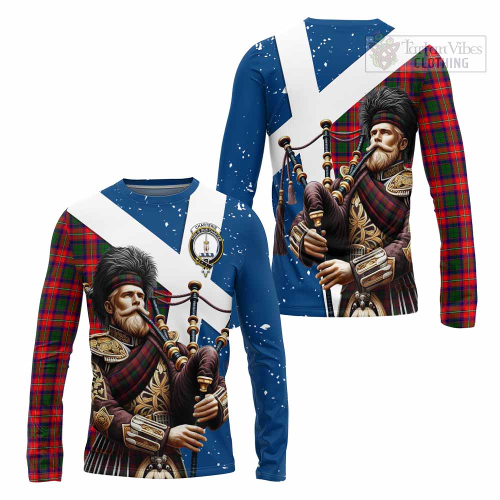 Tartan Vibes Clothing Charteris Tartan Long Sleeve T-Shirt with Family Crest Scottish Bagpiper Vibes