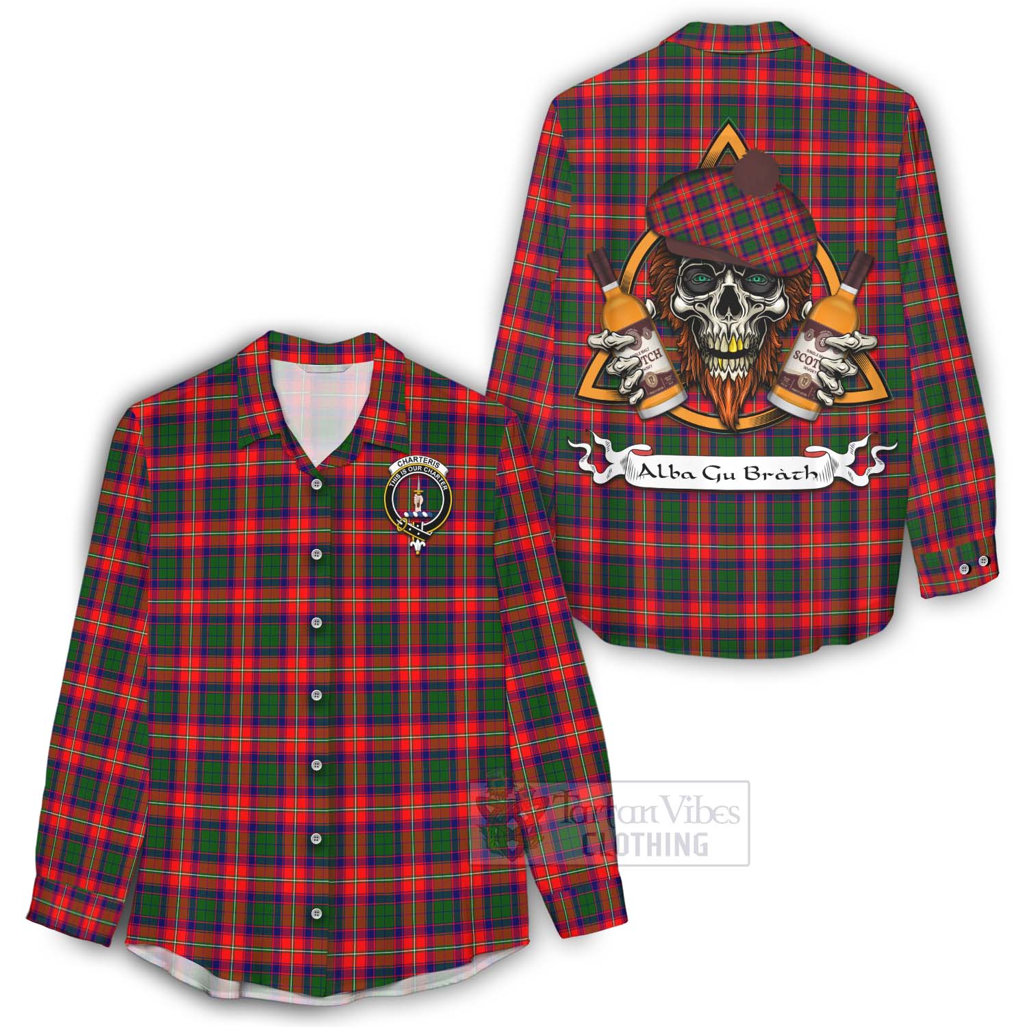 Tartan Vibes Clothing Charteris Tartan Women's Casual Shirt with Family Crest and Bearded Skull Holding Bottles of Whiskey