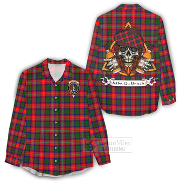 Charteris Tartan Women's Casual Shirt with Family Crest and Bearded Skull Holding Bottles of Whiskey