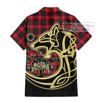 Charteris Tartan Short Sleeve Button Shirt with Family Crest Celtic Wolf Style