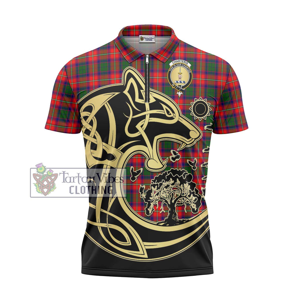 Charteris Tartan Zipper Polo Shirt with Family Crest Celtic Wolf Style - Tartanvibesclothing Shop