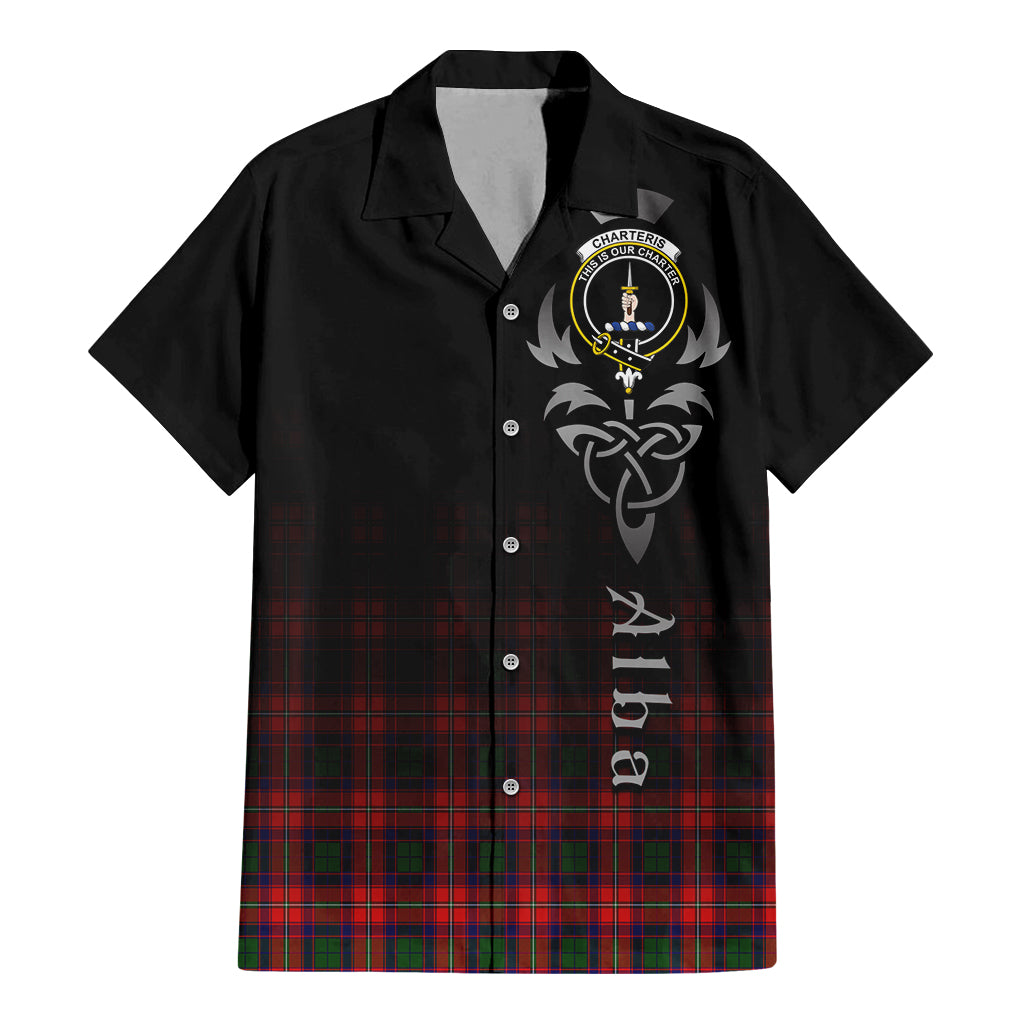 Tartan Vibes Clothing Charteris Tartan Short Sleeve Button Up Featuring Alba Gu Brath Family Crest Celtic Inspired