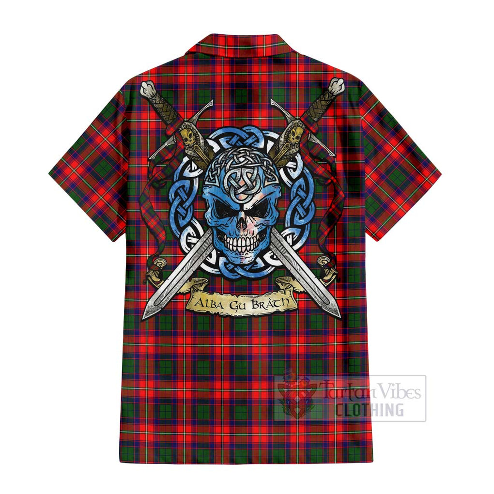 Tartan Vibes Clothing Charteris Tartan Short Sleeve Button Shirt with Family Crest Celtic Skull Style