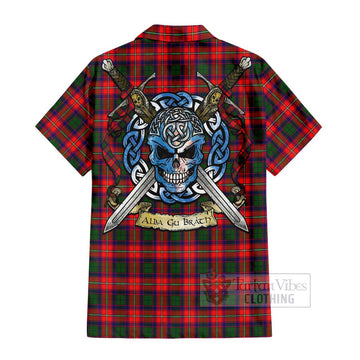 Charteris Tartan Short Sleeve Button Shirt with Family Crest Celtic Skull Style