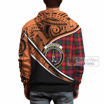 Charteris Crest Tartan Hoodie with Polynesian Vibes Style - Orange Version