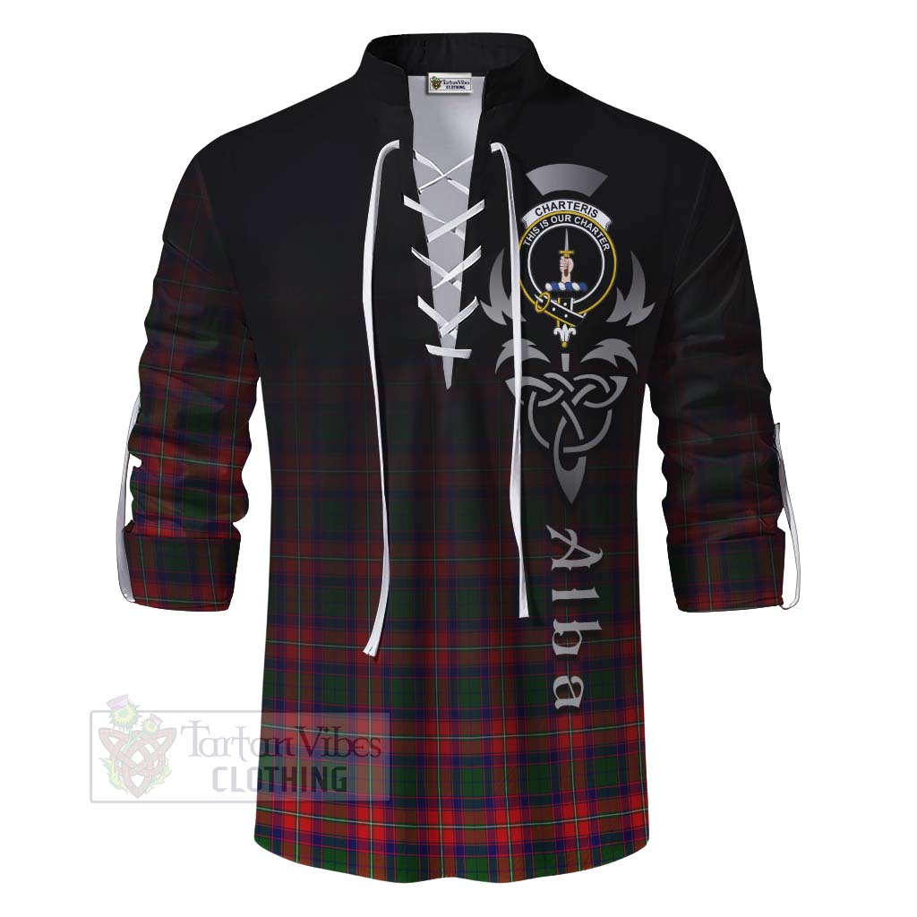 Tartan Vibes Clothing Charteris Tartan Ghillie Kilt Shirt Featuring Alba Gu Brath Family Crest Celtic Inspired