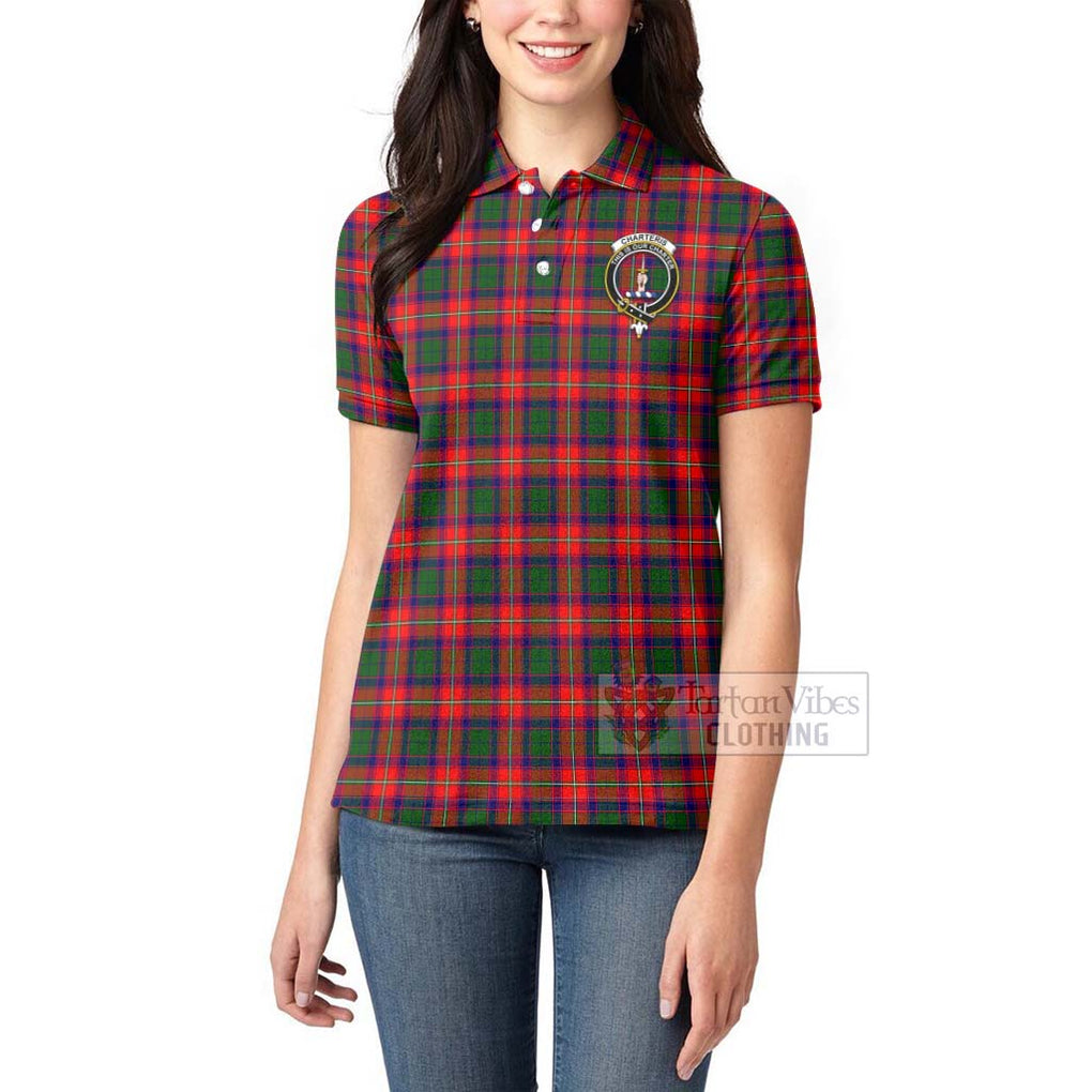 Tartan Vibes Clothing Charteris Tartan Women's Polo Shirt with Family Crest and Bearded Skull Holding Bottles of Whiskey