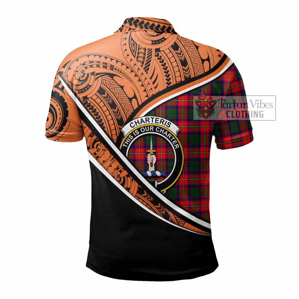 Tartan Vibes Clothing Charteris Crest Tartan Polo Shirt with Maori Tattoo Style - Orange Version