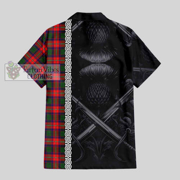 Charteris Tartan Short Sleeve Button Shirt with Family Crest Cross Sword Thistle Celtic Vibes