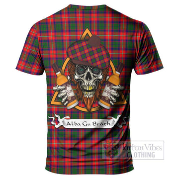 Charteris Tartan T-Shirt with Family Crest and Bearded Skull Holding Bottles of Whiskey