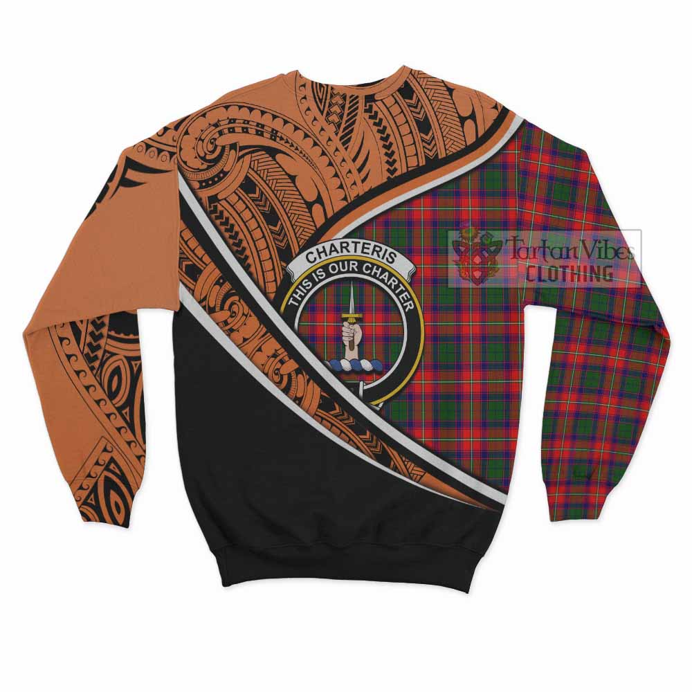 Tartan Vibes Clothing Charteris Crest Tartan Sweatshirt with Maori Tattoo Style - Orange Version