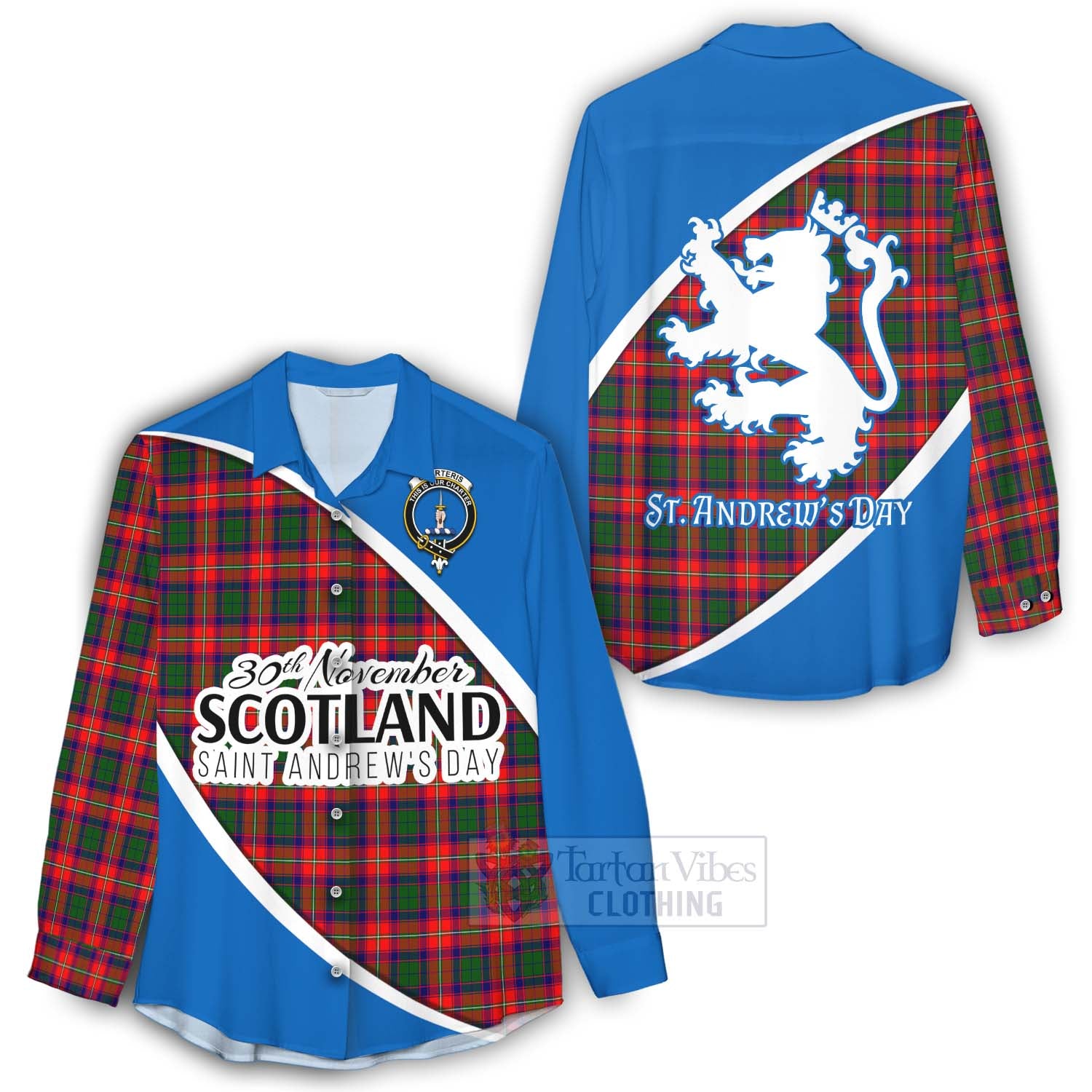 Tartan Vibes Clothing Charteris Family Crest Tartan Women's Casual Shirt Celebrate Saint Andrew's Day in Style