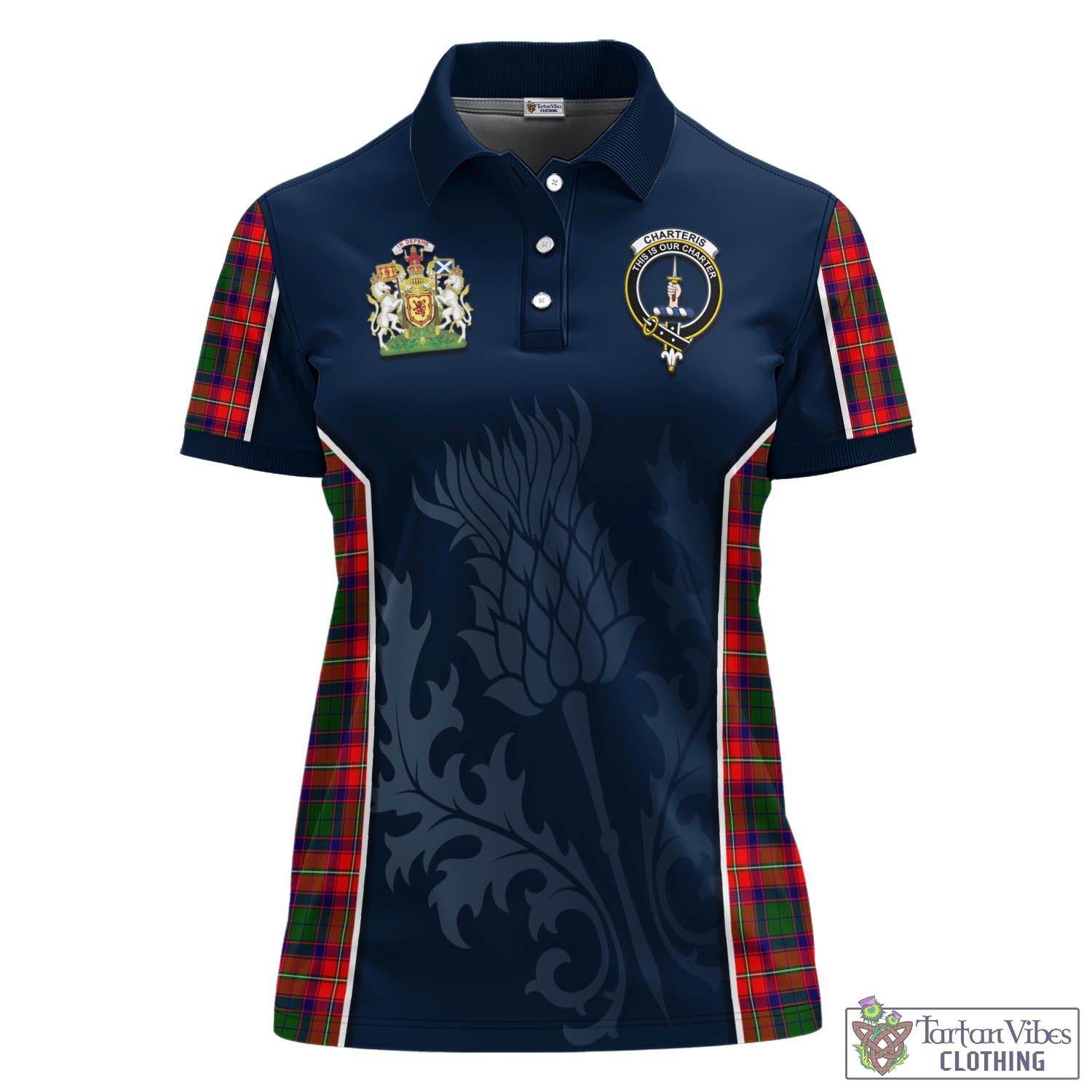 Tartan Vibes Clothing Charteris Tartan Women's Polo Shirt with Family Crest and Scottish Thistle Vibes Sport Style