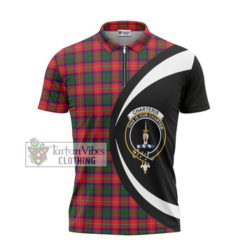 Charteris Tartan Zipper Polo Shirt with Family Crest Circle Style