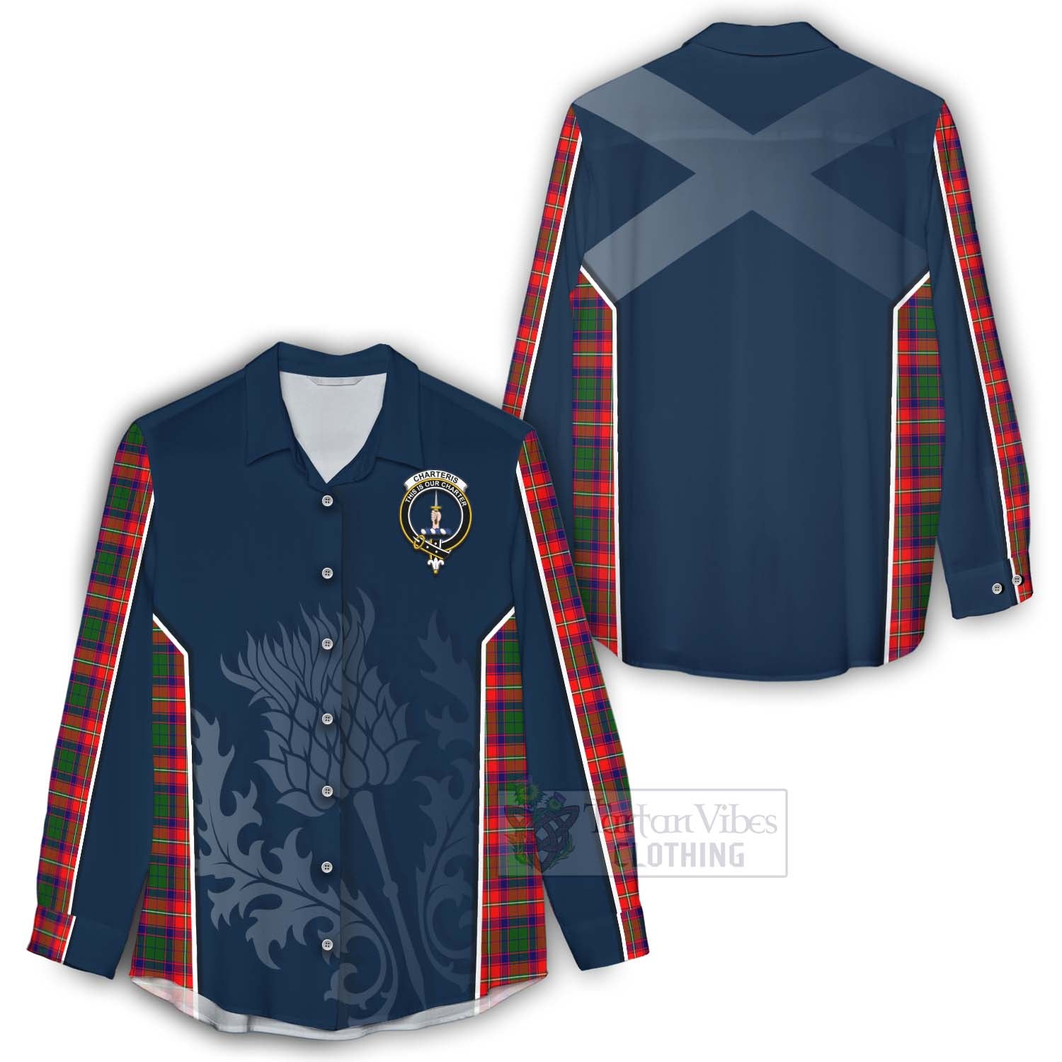 Tartan Vibes Clothing Charteris Tartan Women's Casual Shirt with Family Crest and Scottish Thistle Vibes Sport Style