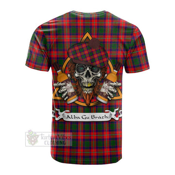 Charteris Tartan Cotton T-shirt with Family Crest and Bearded Skull Holding Bottles of Whiskey