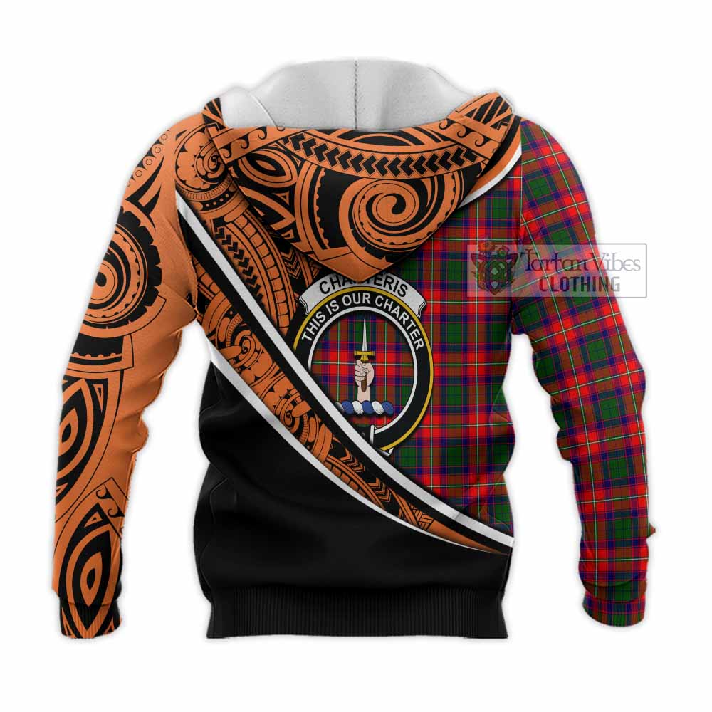 Tartan Vibes Clothing Charteris Crest Tartan Knitted Hoodie with Maori Tattoo Style - Orange Version