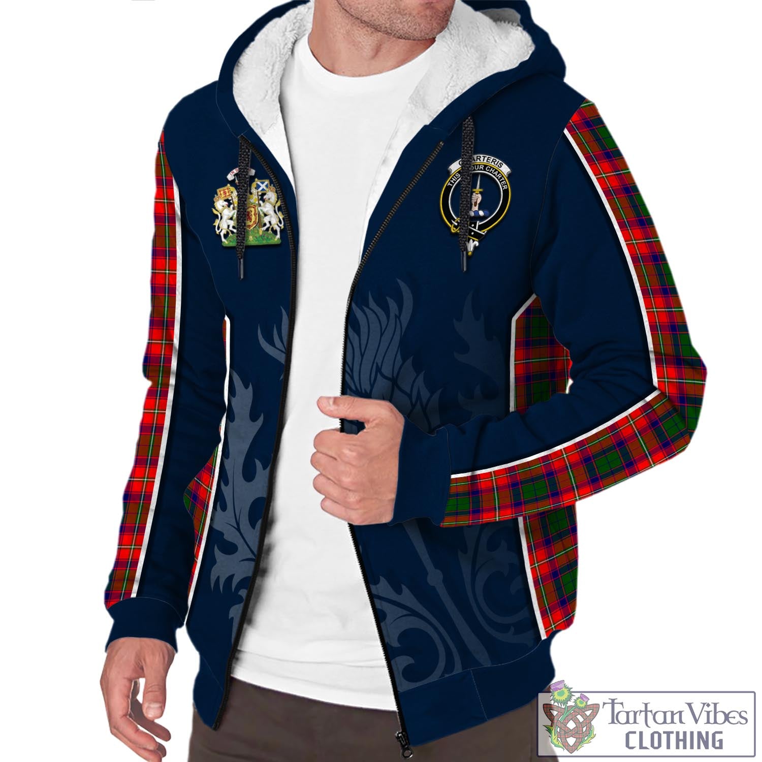 Tartan Vibes Clothing Charteris Tartan Sherpa Hoodie with Family Crest and Scottish Thistle Vibes Sport Style