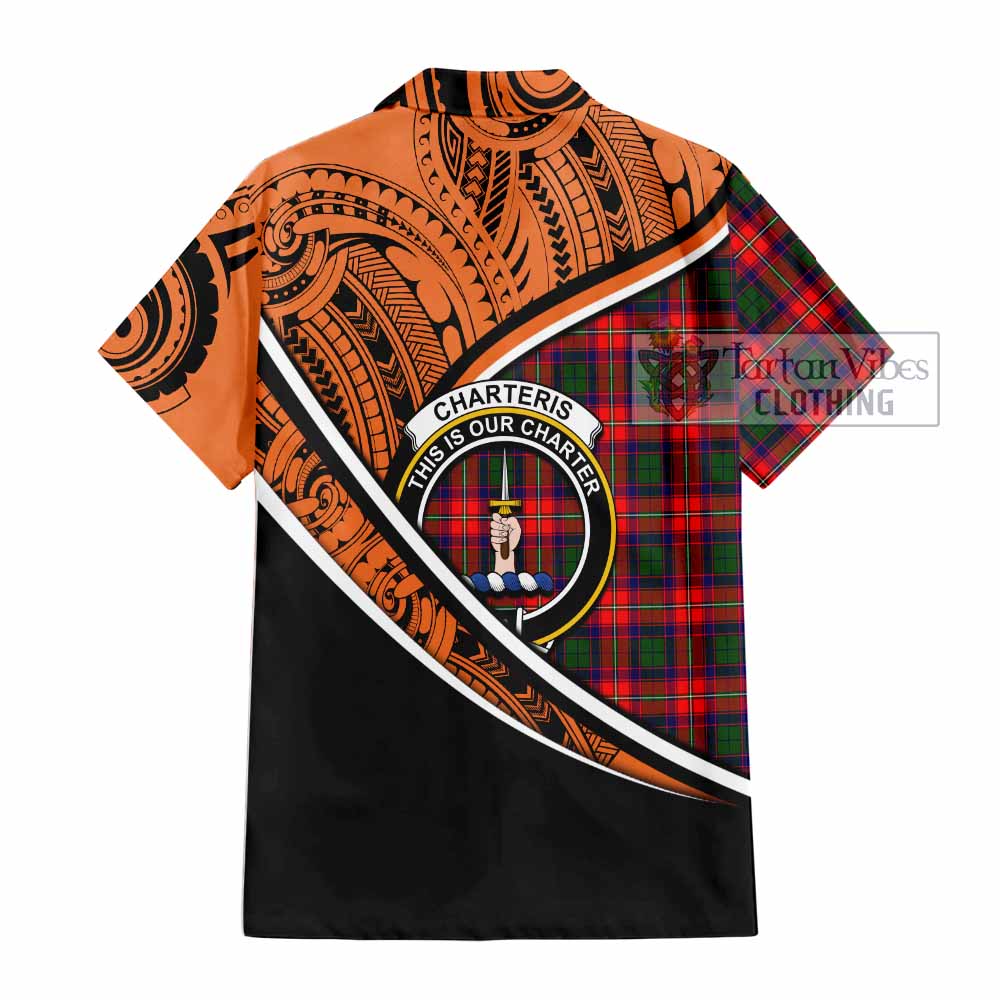 Tartan Vibes Clothing Charteris Crest Tartan Short Sleeve Button Shirt with Maori Tattoo Style - Orange Version