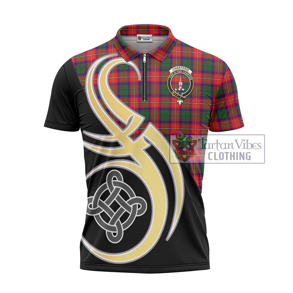 Tartan Vibes Clothing Charteris Tartan Zipper Polo Shirt with Family Crest and Celtic Symbol Style