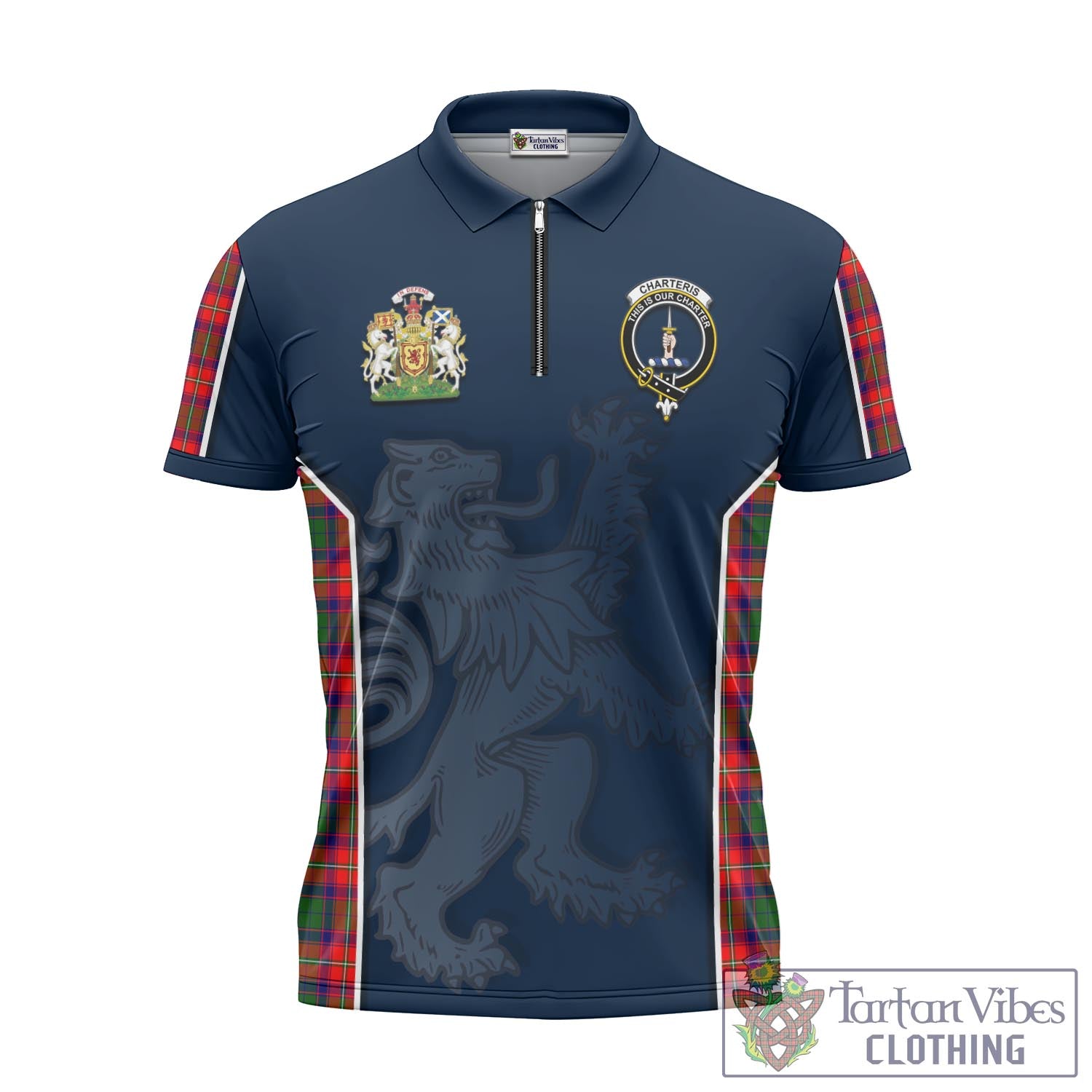 Tartan Vibes Clothing Charteris Tartan Zipper Polo Shirt with Family Crest and Lion Rampant Vibes Sport Style