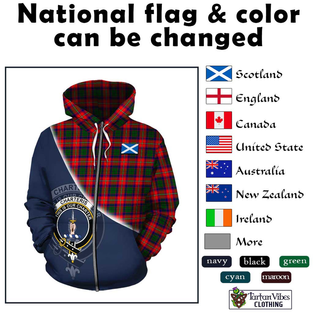 Charteris Tartan Hoodie with Personalised National Flag and Family Crest Half Style - Tartanvibesclothing Shop