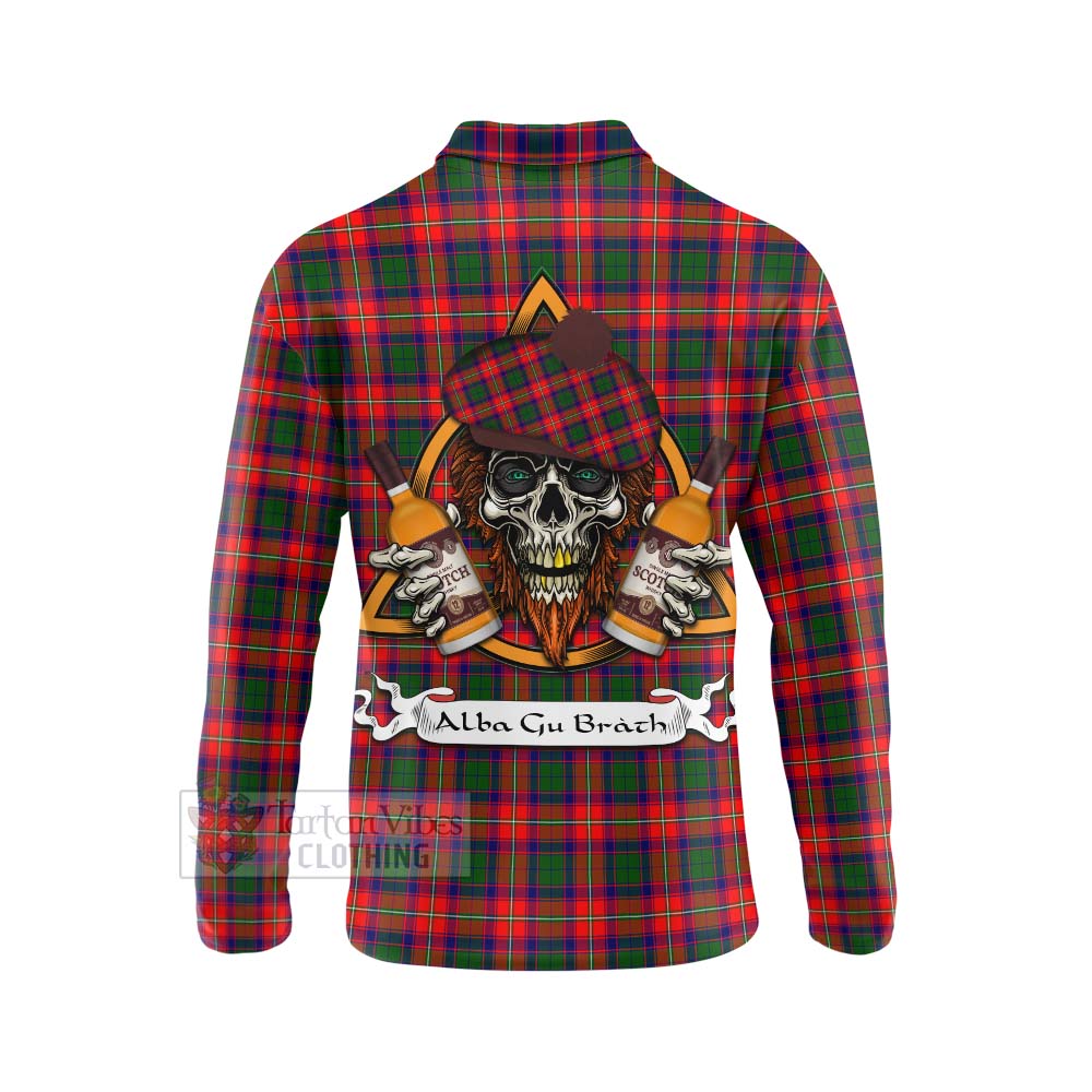 Tartan Vibes Clothing Charteris Tartan Long Sleeve Polo Shirt with Family Crest and Bearded Skull Holding Bottles of Whiskey