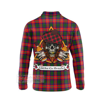 Charteris Tartan Long Sleeve Polo Shirt with Family Crest and Bearded Skull Holding Bottles of Whiskey